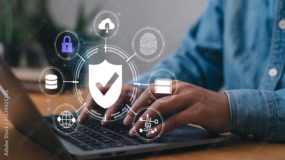Poster person typing on a laptop with a digital shield and security icons representing cybersecurity and da