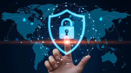 Human finger touching glowing digital shield with padlock symbol protecting world map background cybersecurity concept