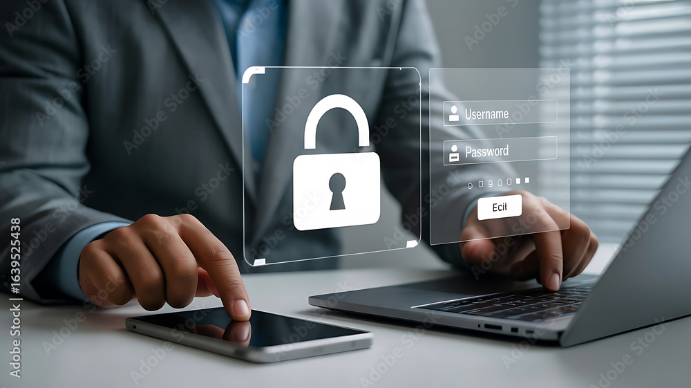 Poster businessman using smartphone and laptop with digital unlocked padlock icon symbolizing data security