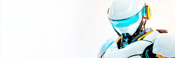 Futuristic robot with smooth shapes. White yellow blue neon colors. Modern sci-fi template. copy space. Concept. technology innovation, artificial intelligence. clean minimalist. Generative Ai content