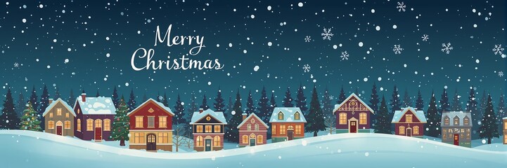 Fototapeta premium A christmas village scene with snow falling and houses lit up against a dark blue winter night sky backdrop