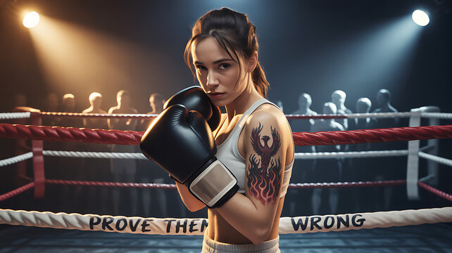 Ready to Fight: A focused female boxer stands poised in the ring, embodying strength, determination, and grace. The image captures the essence of a champion, her gaze intense.