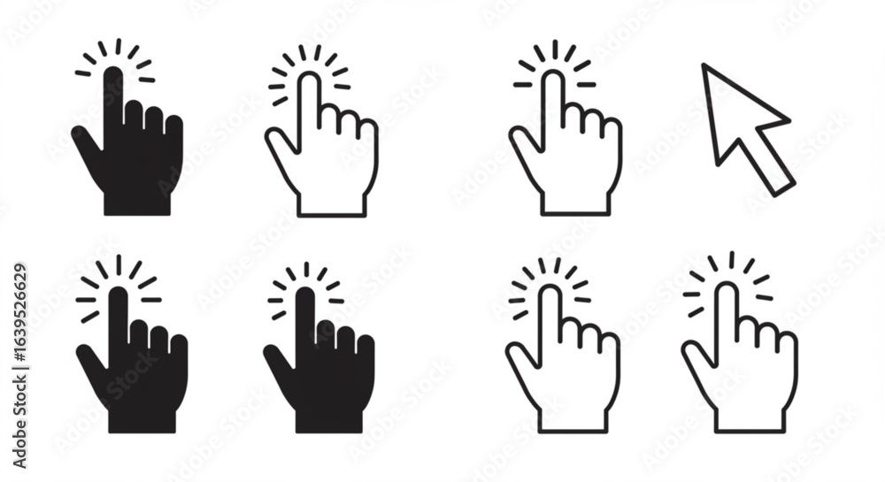 Poster vector art of hand cursor icons set, finger pointer symbol isolated on white background