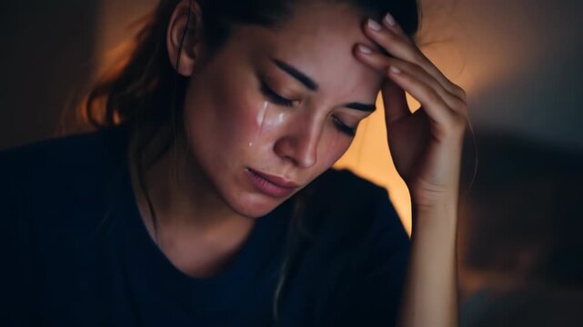 A young woman sits alone, head in hand, tears streaming down her face, eyes closed, exhibiting profound sadness in a dimly lit setting