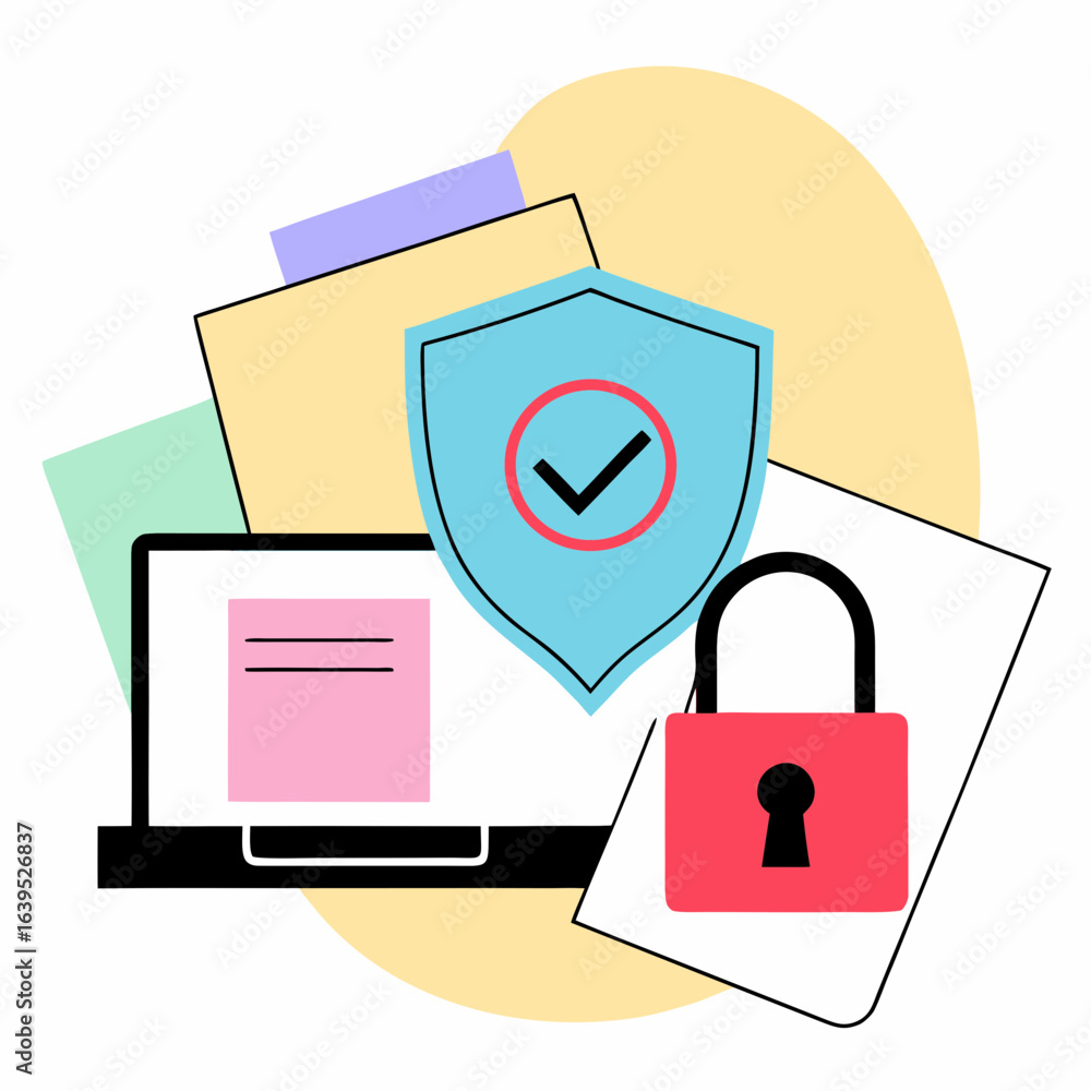 Aufkleber data security and protection with lock and shield, ensuring privacy and cybersecurity for computer a