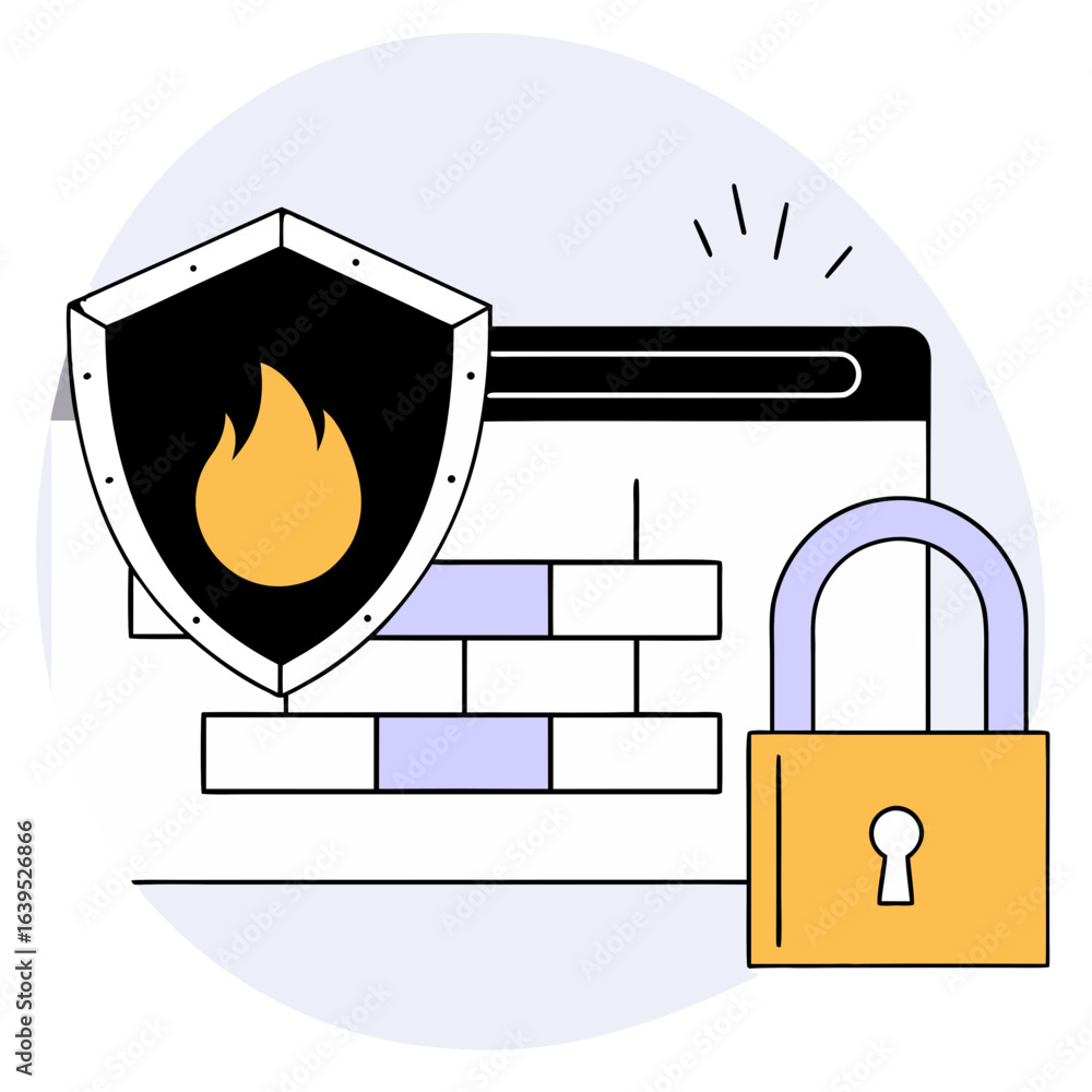 Poster firewall security system with shield and lock isolated on white background, protecting internet netw