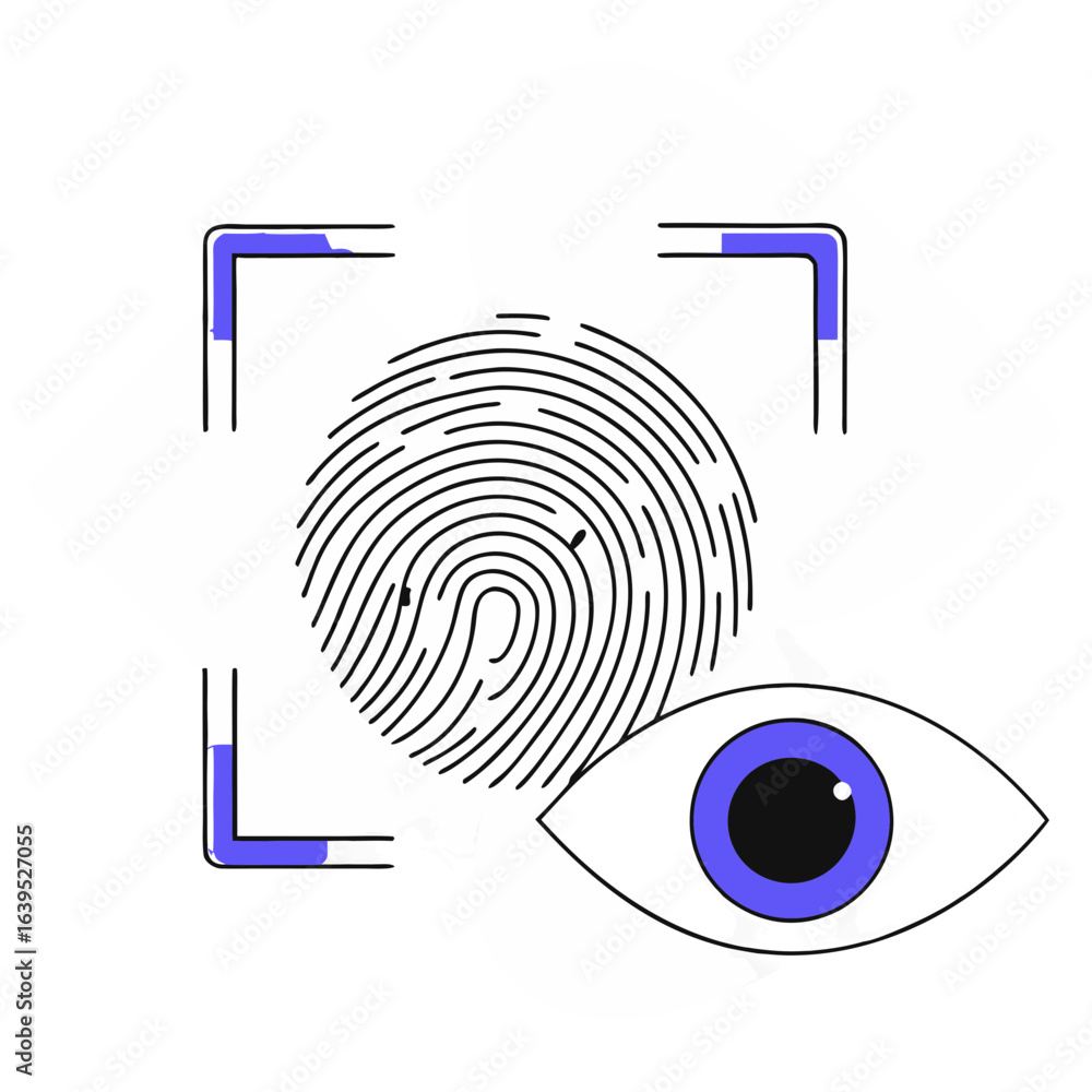 Poster illustration of fingerprint scan and eye for identity verification isolated on white background