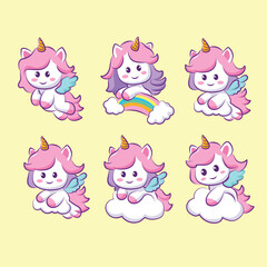 set of collection unicorn is flying on the cloud vector design vector