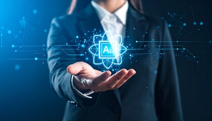 Business professional presenting glowing AI icon with digital network overlay