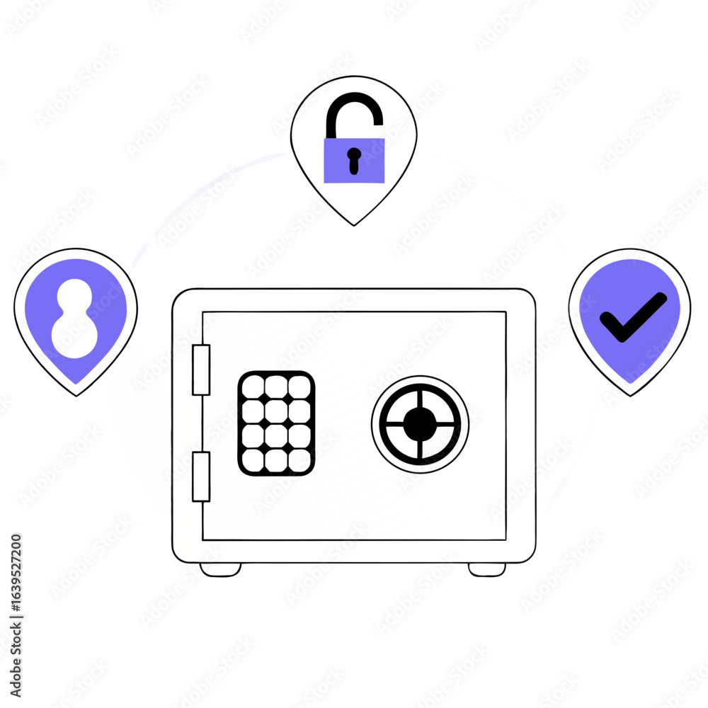 Poster safe with pin code, lock, and check mark isolated on white background, representing data security an