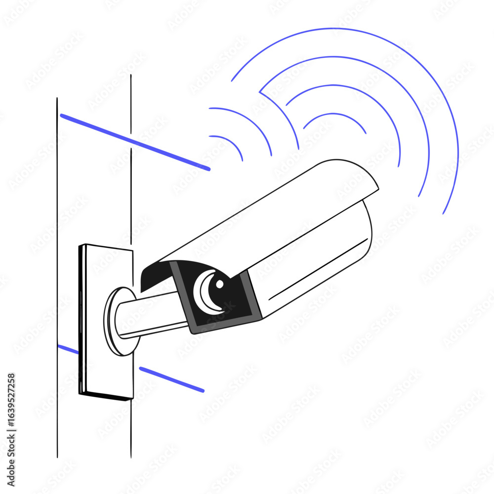 Poster security camera on the wall transmitting wireless signal isolated on white background for safety and