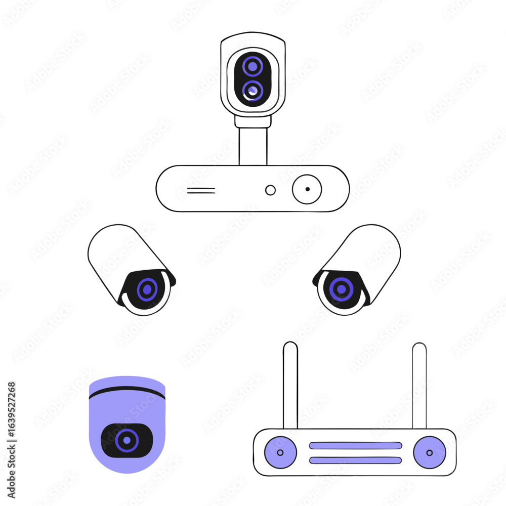 Poster security camera system with router isolated on white background for home protection and surveillance