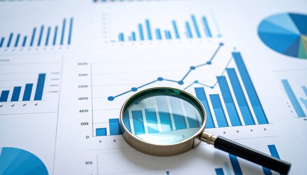Magnifying glass over blue bar and line graphs highlighting data analysis