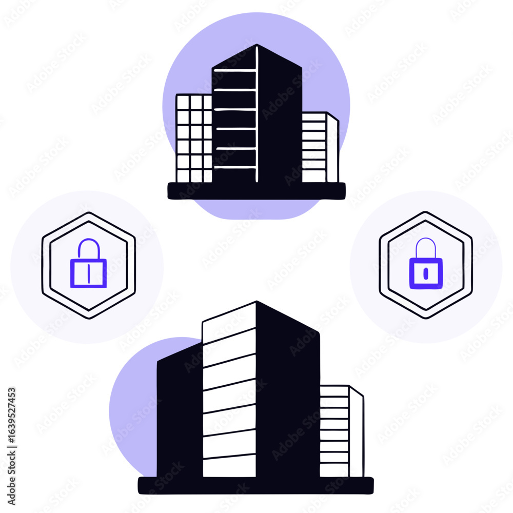 Aufkleber smart city building security system with digital access control and data protection isolated on whit