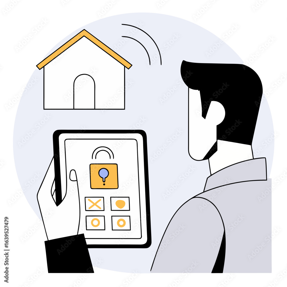 Poster smart home automation system controlled by tablet isolated on white background