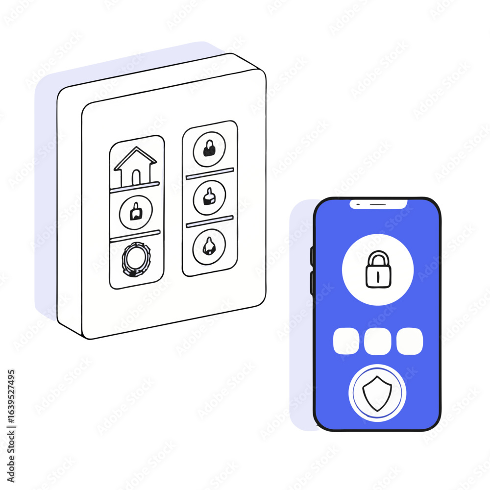 Poster smart home security system with control panel and mobile app isolated on white background