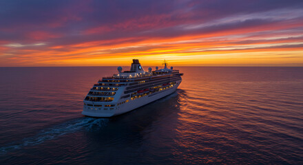 A large cruise ship sails on the calm ocean during a spectacular, colorful sunset.