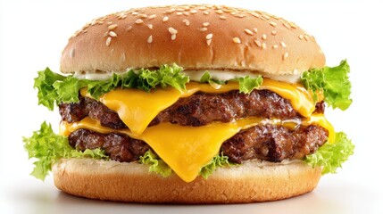 A 4K photo of double cheeseburger with melted cheese and lettuce, isolated on white.