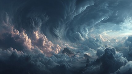 Dramatic sky with swirling storm clouds over rugged mountains swirling clouds