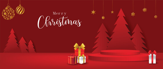 Elegant Red Christmas Background with Podium and Gifts