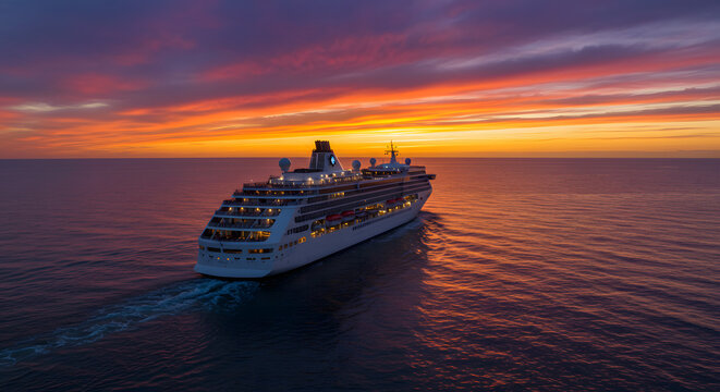 A large cruise ship sails on the calm ocean during a spectacular, colorful sunset.