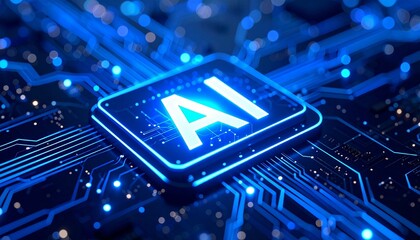 Glowing blue AI chip on illuminated circuit board with electronic pathways