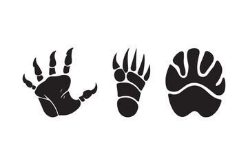 Three black animal paw prints and hand prints on white background