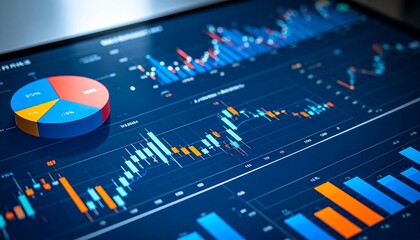 Digital dashboard with pie charts, line graphs, and bar charts on dark interface.