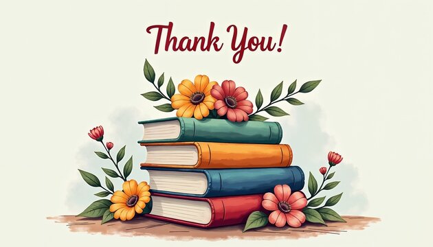 Thank You message with colorful books and flowers on light background