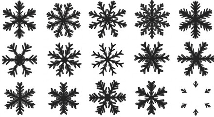Vector art of collection of fifteen black snowflake icons isolated on white background