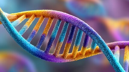 Detailed vibrant multicolored DNA double helix structure with soft blurred background