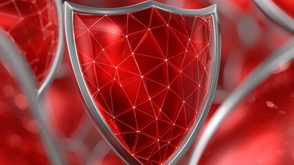 Red metallic shield with connected geometric pattern and soft bokeh background