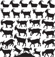 Collection of thirty black goat silhouettes in various poses and styles on white animal