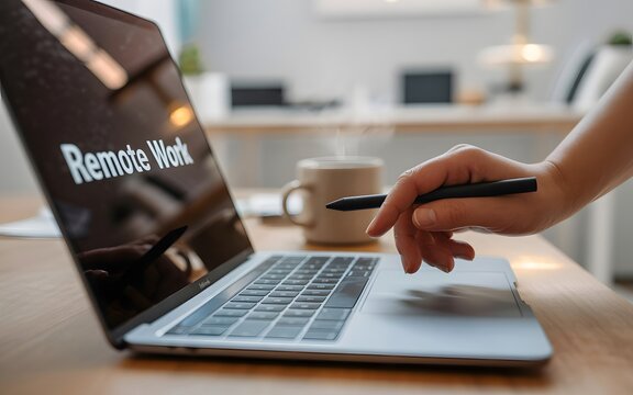 Close up of a person s hand holding a pen and pointing at a laptop screen displaying the words remote work in a modern office setting