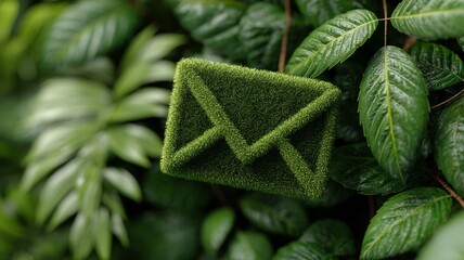 Green grass envelope symbol resting among lush vibrant green leaves Nature