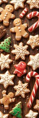 A festive assortment of decorated christmas cookies arranged on a rustic wooden surface display holiday cheer