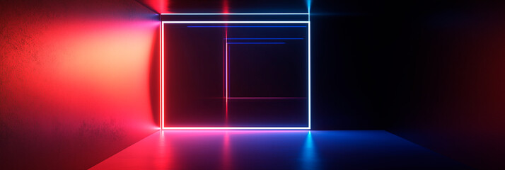 Obraz premium Modern frame, analog classical effects. Light lines neon glowing, Space for text. Template social media banner website web cover. Dark and bright colors. Black background banner. Generative Ai content