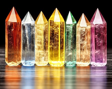 Colorful gemstones arranged in a row with reflection on a surface