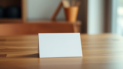 A blank notecard placed on a wooden desk with soft diffused lighting and shallow focus.