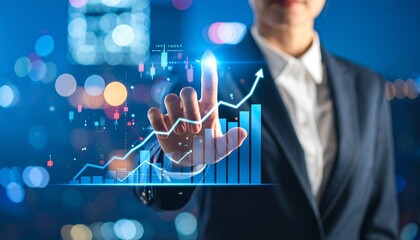 Businessman interacting with rising virtual graph over city lights.