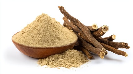 A 4K photo of licorice powder with licorice roots on white background.
