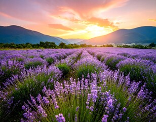 Fototapeta premium Serene sunset over rows of vibrant purple lavender fields in a mountainous landscape.