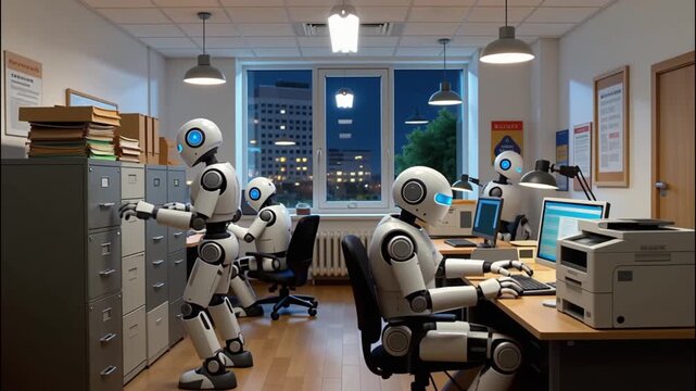 A long-shot of a bustling office at night, with several robots working autonomously on different tasks while humans have left.
