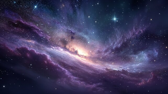 Vast cosmic nebula with bright stars and swirling purple clouds deep space