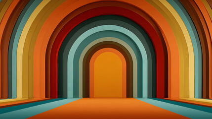 Fototapeta premium Retro 1970s styled podium stage background featuring arched stripes and colorful design