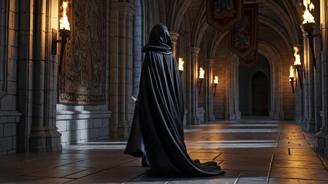 A mysterious figure in a dark hooded cloak walking through a torch-lit medieval castle hallway