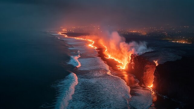 Lava flowing into the ocean at night steam rises from volcanic activity along the coastline