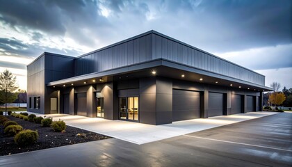 Modern industrial building exterior with dramatic clouds and evening lighting