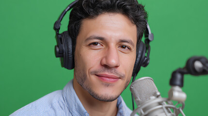 A man with headphones smiles confidently while speaking into a microphone in a studio setting.