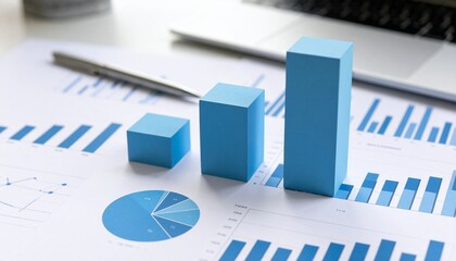 3D blue bar graphs rising over printed charts in a data-driven workspace.